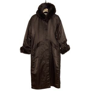 Vintage LaParka Womens Large Brown Wool Long Maxi Winter Coat Faux Fur Hood
